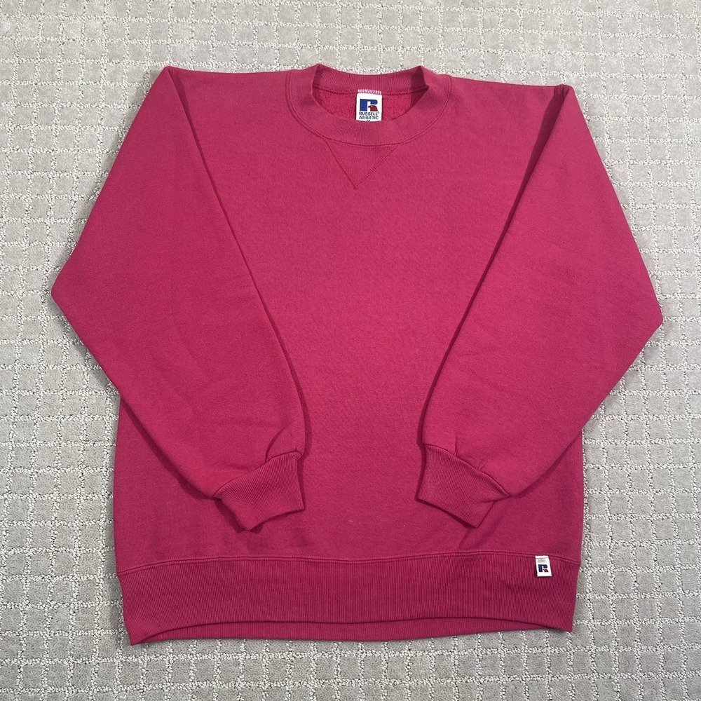 Vintage 80s Russell Athletic Medium Pink Sweater Sweatshirt V Patch Made in USA
